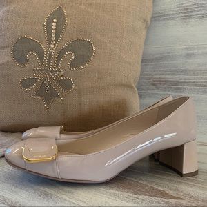 Prada Milano logo buckle, patent nude pumps (NWOT)